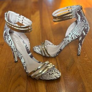 Aldo Snakeskin Heels with Metallic Gold Straps
